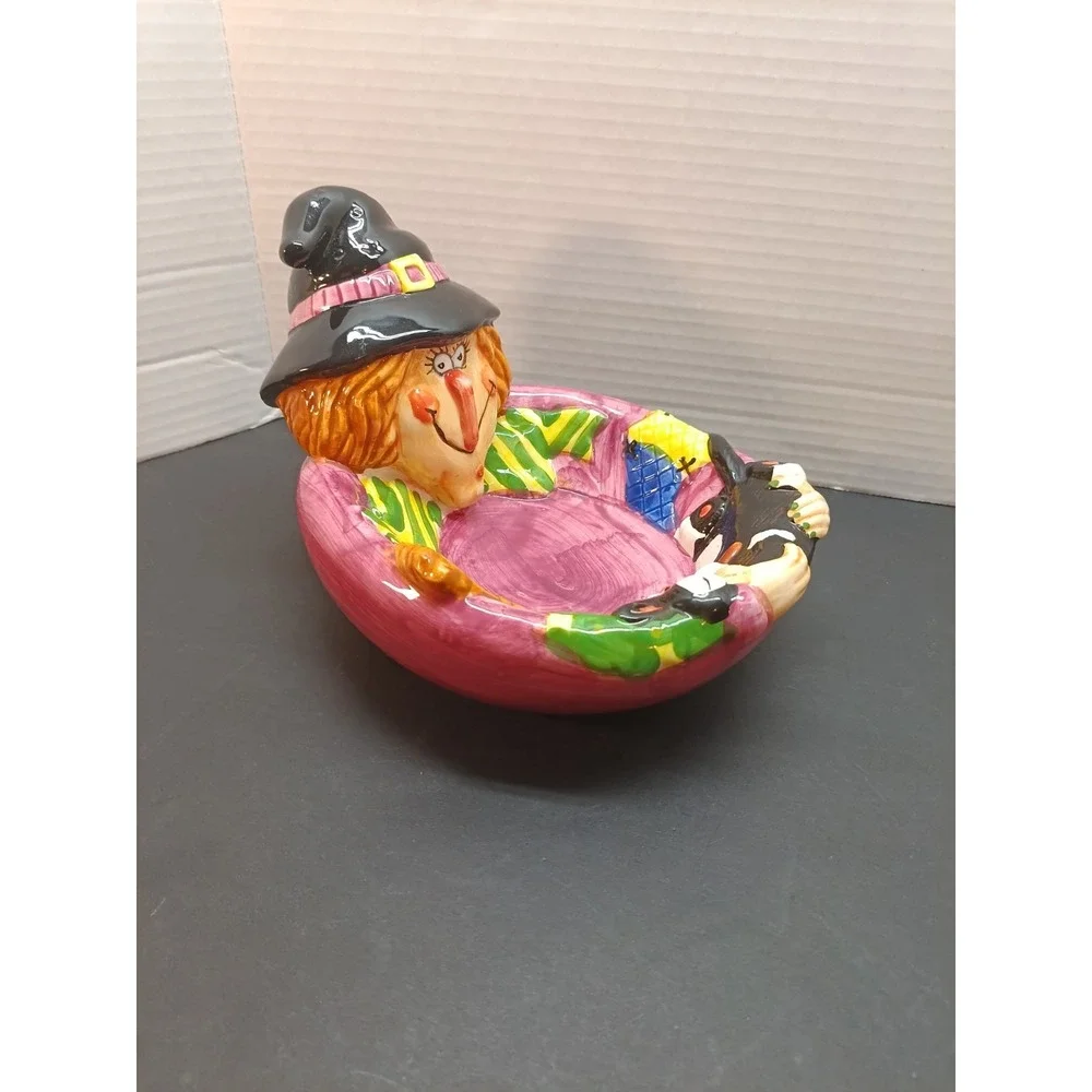 Vtg WCL Halloween Ceramic Witch Broom Black Cat Candy Bowl